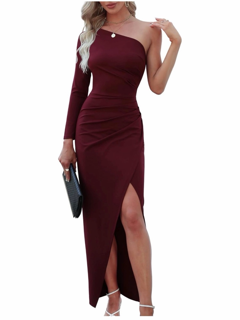 Asymmetrical One-Shoulder Burgundy Evening Gown
